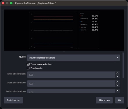 Der Syphon-Client in OBS mit der Quelle „HeatPeek Stats“ und aktivierter Transparenz