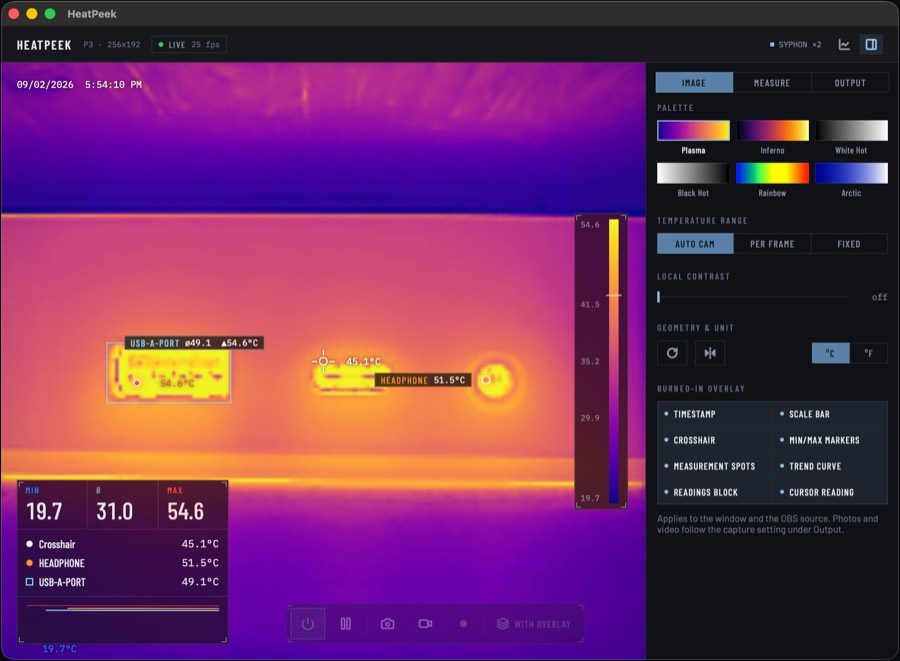 HeatPeek showing a laptop in thermal; named measurements on the USB-A port and the headphone jack, the Image tab open on the right with palettes and image information