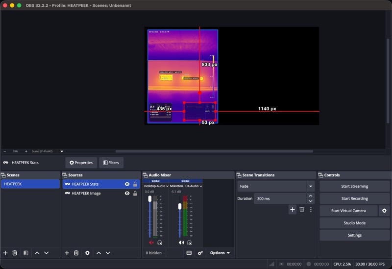 OBS with both HeatPeek sources in one scene: the camera picture, the readings over it on a transparent ground