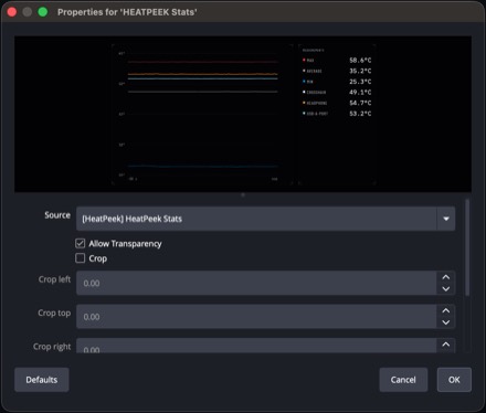 The Syphon client in OBS with the “HeatPeek Stats” source and transparency enabled